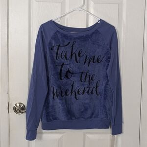 NWT "Take‎ Me to the Weekend" Cozy Blue Velour Crewneck Sweater from JCP Size M